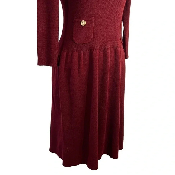 Anne Klein Wool Blend Dark Red Sweater Dress Small 3/4 Sleeves Pockets Buttons - Picture 4 of 7